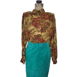 Vintage 80's Chagall green and red  oversized button down floral blouse size 10